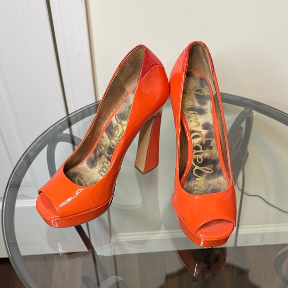 Sam Edelman Vibrant Orange Patent Leather Platform Heels - Picture 1 of 5